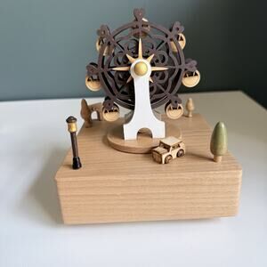 Carved Wooden Music Box Ferris Wheel Amusement Park Car Musical Movement T64
